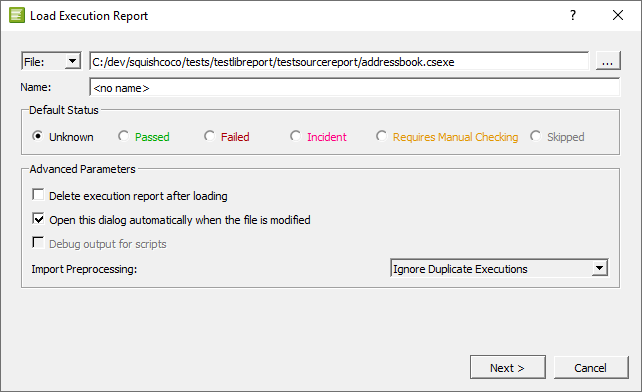 {Load Execution Report dialog}