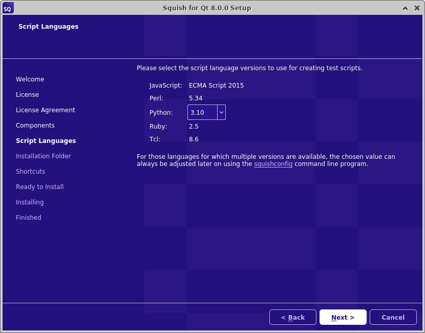 Squish Script Languages UI view