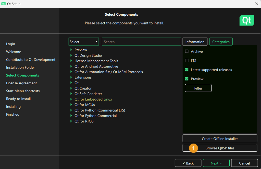 Browse QBSP files button in Qt Online Installer UI.
