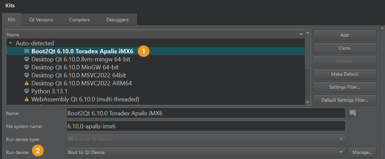 Qt Creator Kits UI view.