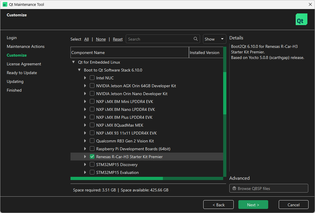 Getting QBSP to appear in Select Components UI view in Qt Online Installer.