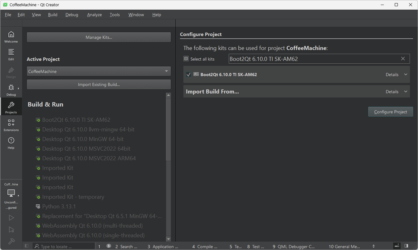 Configure Project UI view in Qt Creator.