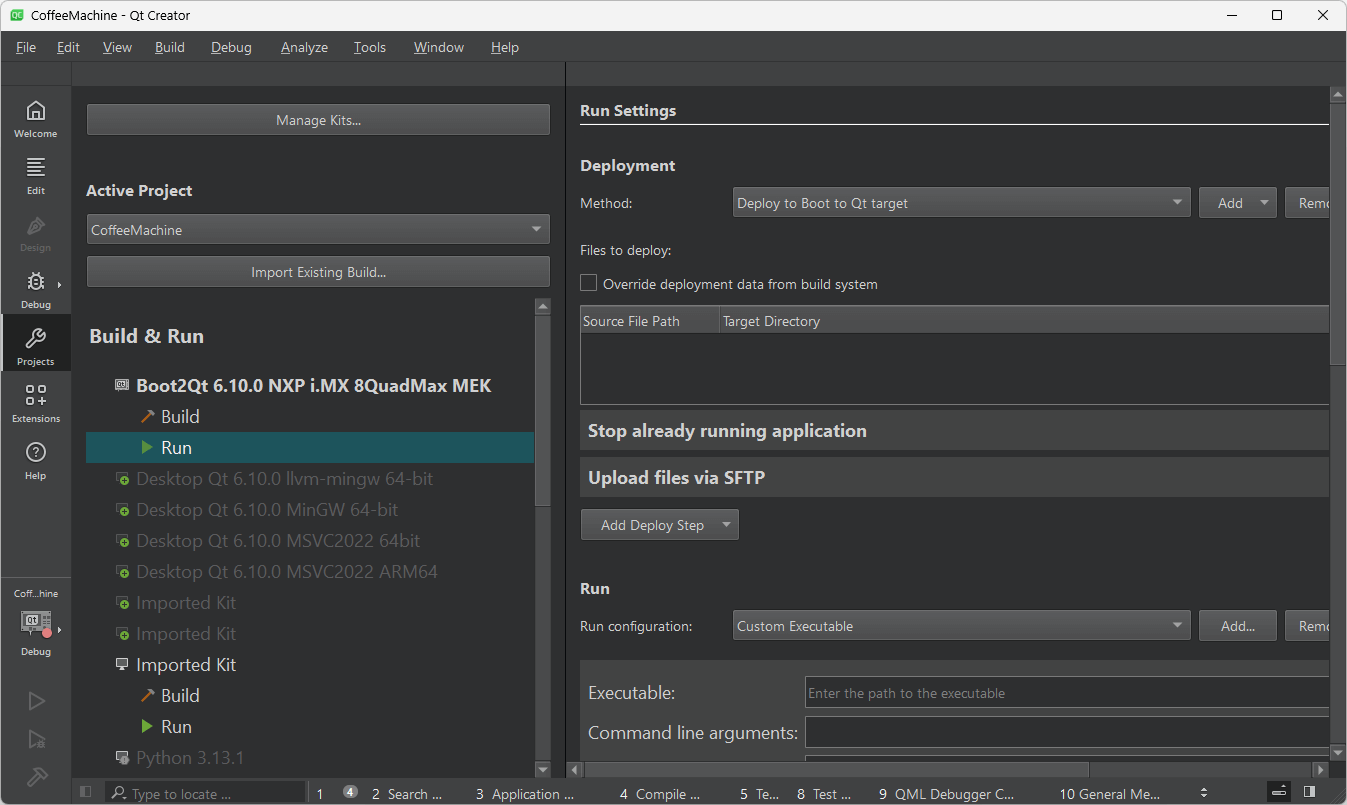 Run Settings UI view in Qt Creator.