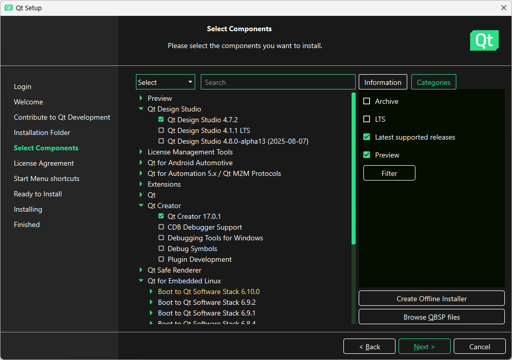 Select Components UI view in Qt Online Installer with the necessary components selected.