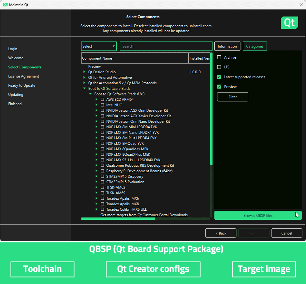 Qt Maintenance Tool view with Browse QBSP files button highlighted and QBSP content visualized simply.