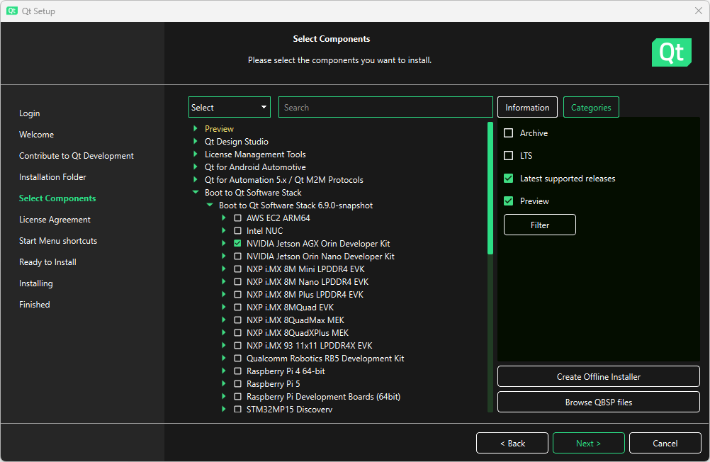 Location of NVIDIA Jetson AGX Orin in Select Components UI view of Qt Maintenance Tool.