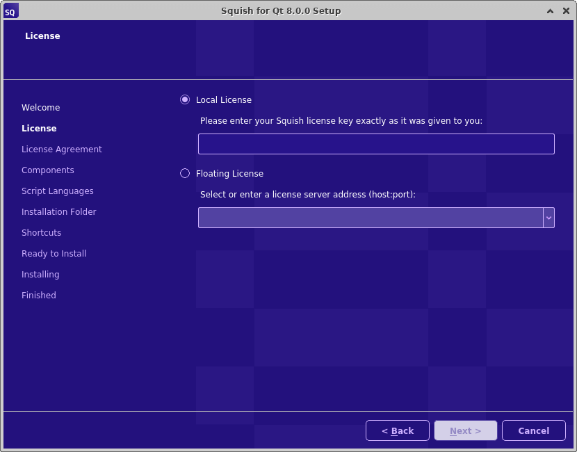 Squish License UI view.