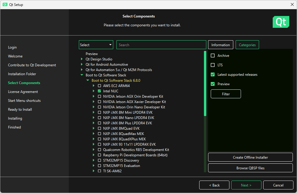 Location of Intel NUC in Select Components UI view of Qt Maintenance Tool.