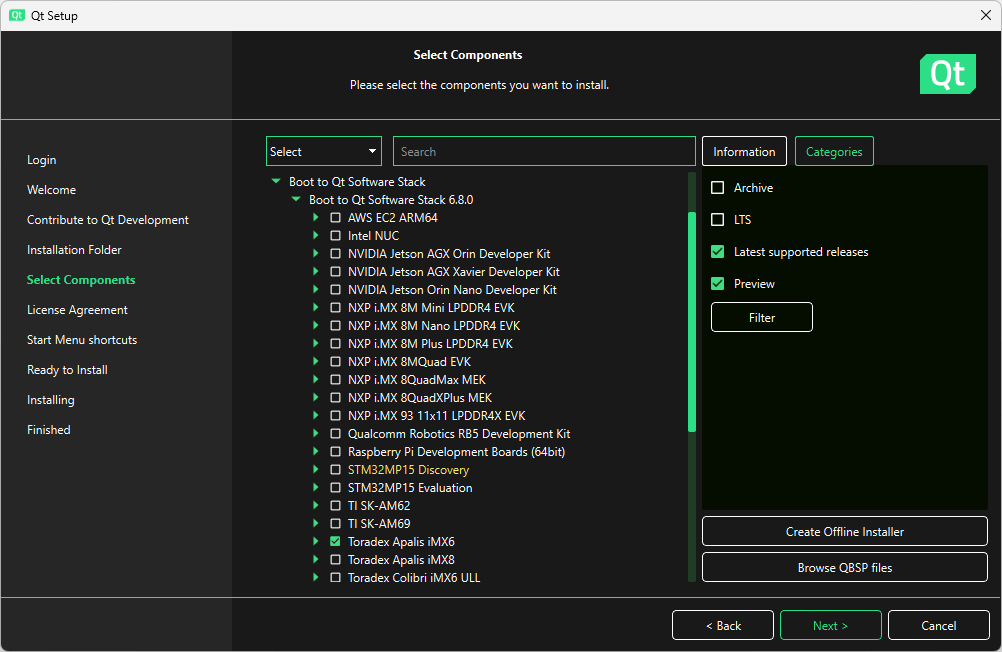 Location of Toradex Apalis iMX6 in Select Components UI view of Qt Maintenance Tool.