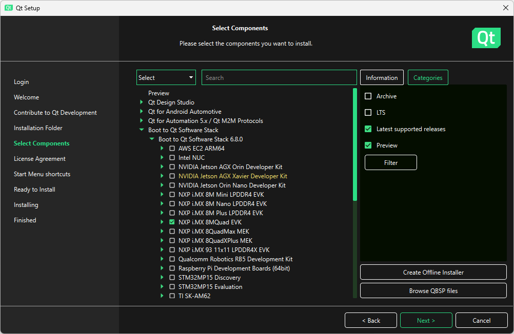 Location of NXP i.MX 8MQuad EVK in Select Components UI view of Qt Maintenance Tool.