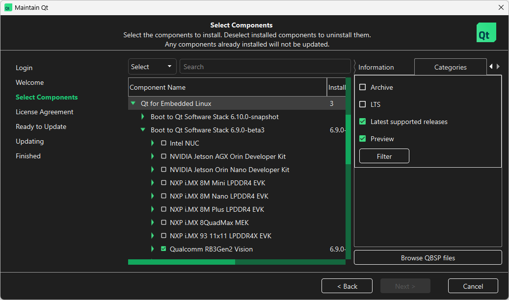 Location of Qualcomm RB3 Gen 2 Vision Kit in Select Components UI view of Qt Maintenance Tool.