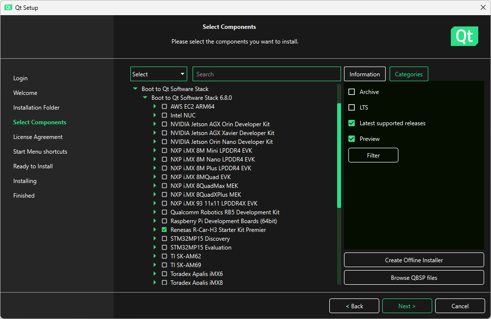 Getting QBSP to appear in Select Components UI view in Qt Online Installer.