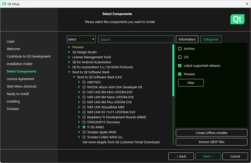 Location of TI SK-AM62x in Select Components UI view of Qt Maintenance Tool.