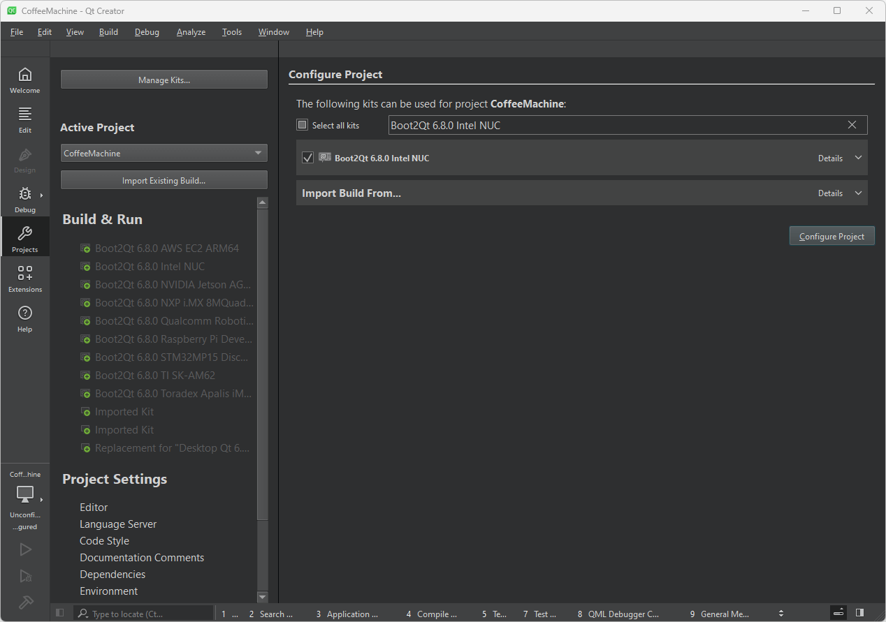 Configure Project UI view in Qt Creator.