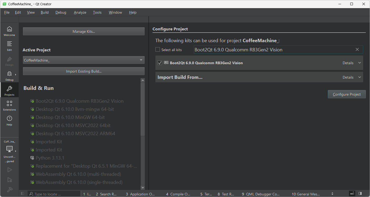 Configure Project UI view in Qt Creator.