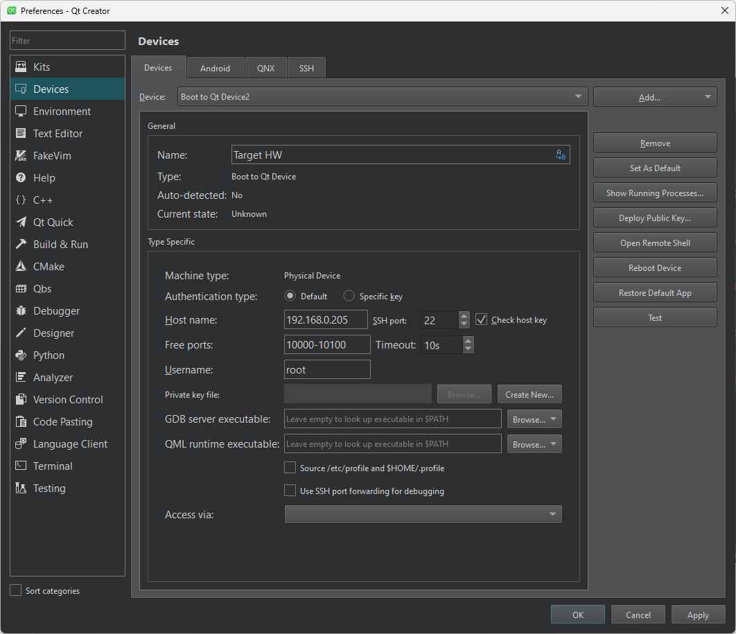 Devices tab UI view in Qt Creator.