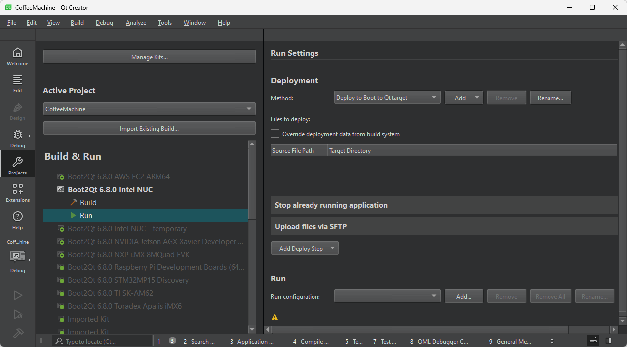 Run Settings UI view in Qt Creator.