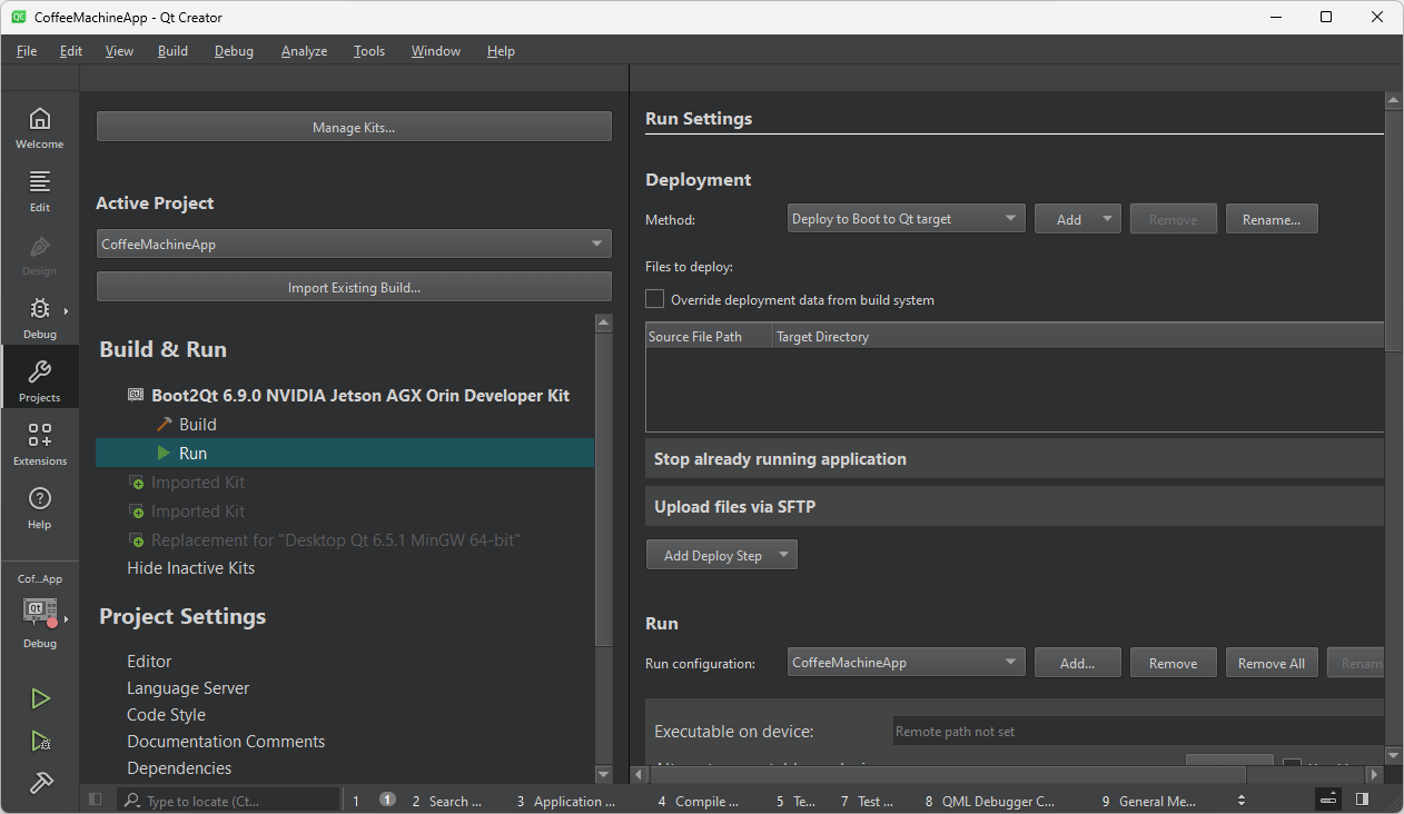 Run Settings UI view in Qt Creator.