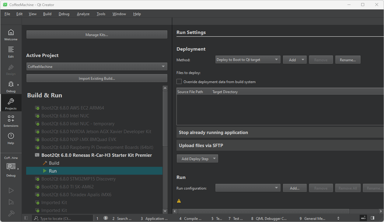 Run Settings UI view in Qt Creator.