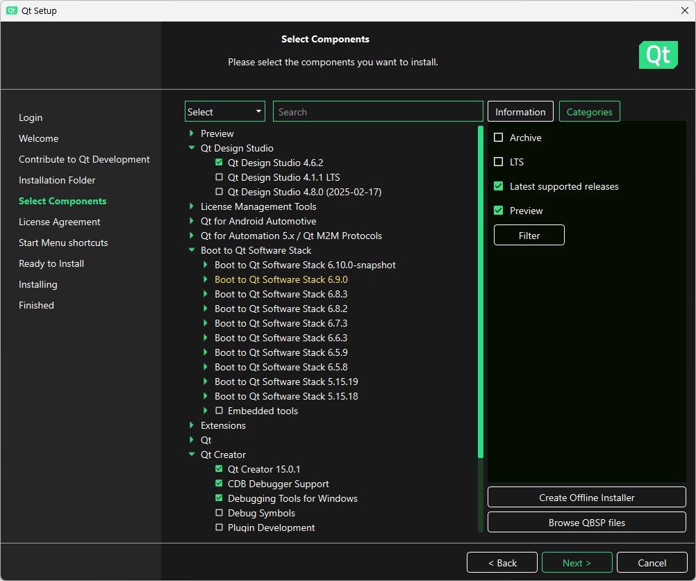 Select Components UI view in Qt Online Installer with the necessary components selected.