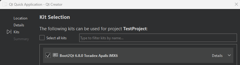 Qt Creator Kit Selection UI view.