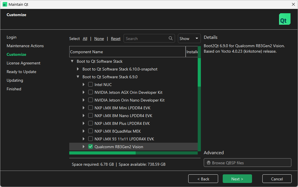 Location of Qualcomm RB3 Gen 2 Vision Kit in Select Components UI view of Qt Maintenance Tool.