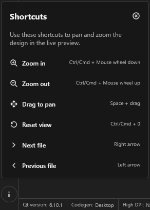 Actions for panning and zooming the live preview.