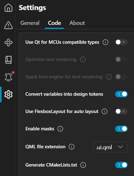 Code settings on the Settings page.