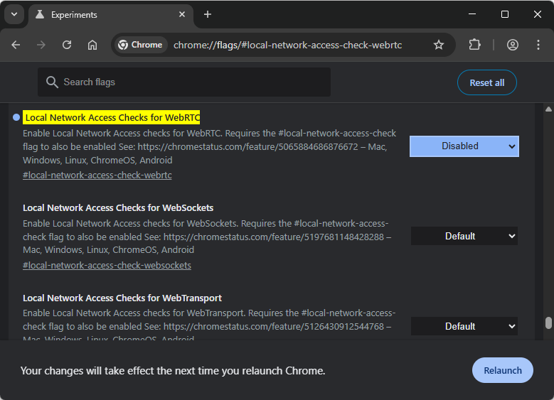 The Local Network Access Checks for WebRTC setting.