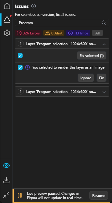 {A list of conversion issues in the plugin.}