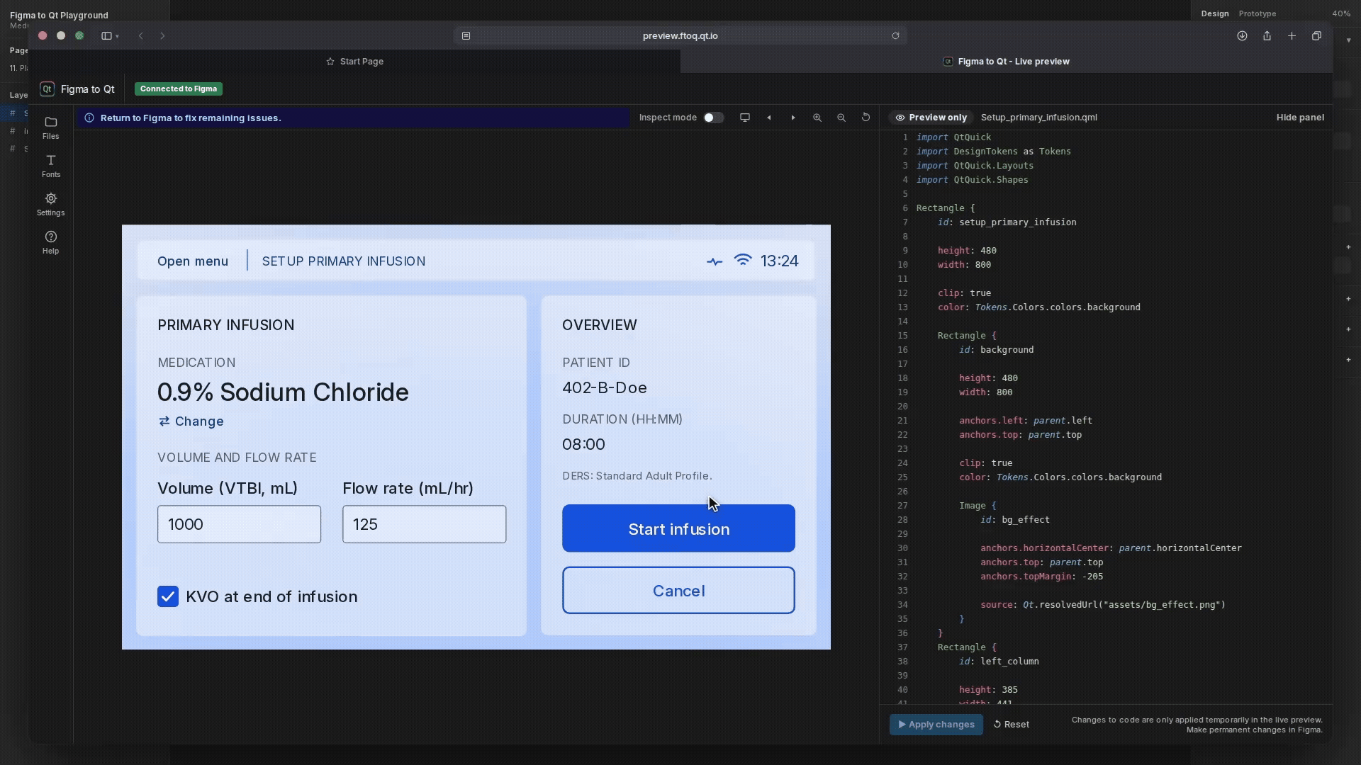 Interacting with a control in the live preview.