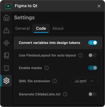 Convert variables into design tokens in Code settings on the Settings page in the plugin.