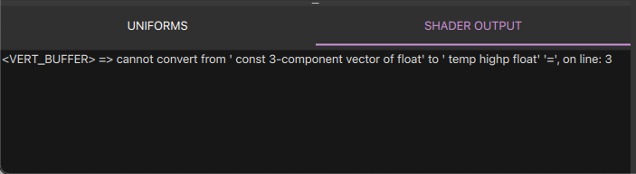 Shader output panel with error message