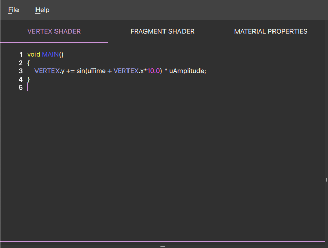 Vertex shader editor with displacement code