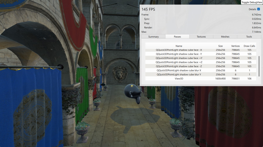 Suzanne with debug panel showing render passes