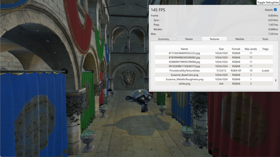 Scene with debug panel showing texture statistics