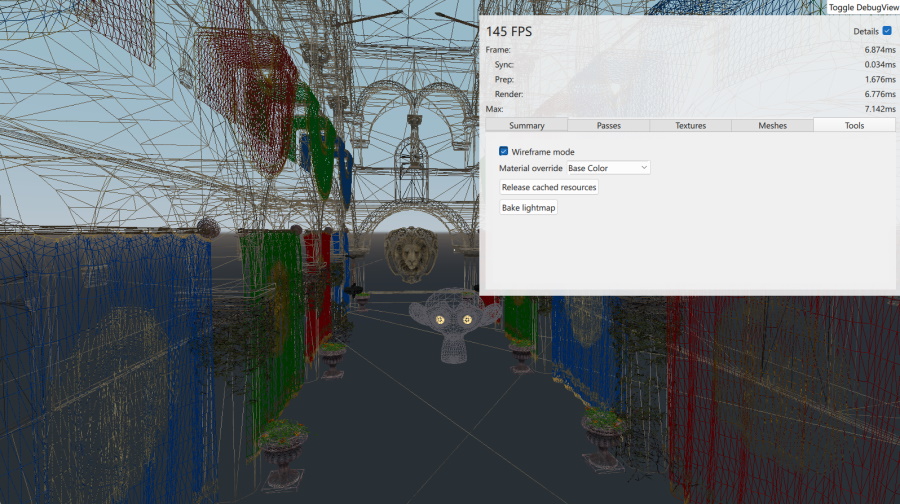 Sponza scene in wireframe mode with debug panel
