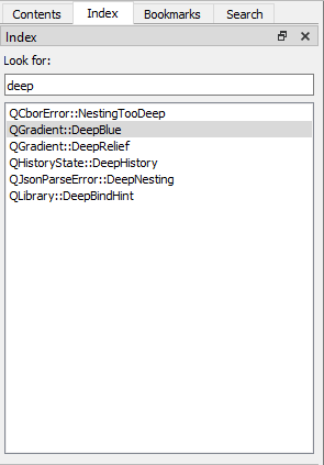 Screenshot of the Qt Assistant index menu to search for keywords