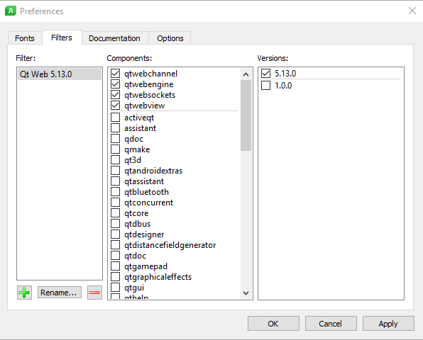 Screenshot showing the preference menu of the Qt Assistant to filter which categories should be shown
