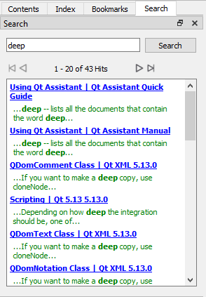 Screenshot of the Qt Assistant search menu to browse through documentation