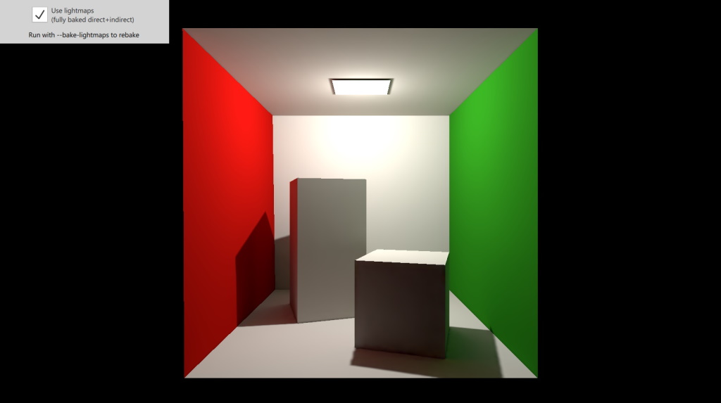 Cornell box with two boxes and ceiling light showing baked lightmap lighting