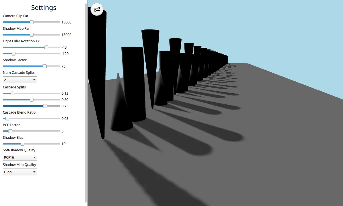 Row of black cones and cylinders casting long shadows with cascaded shadow map settings panel