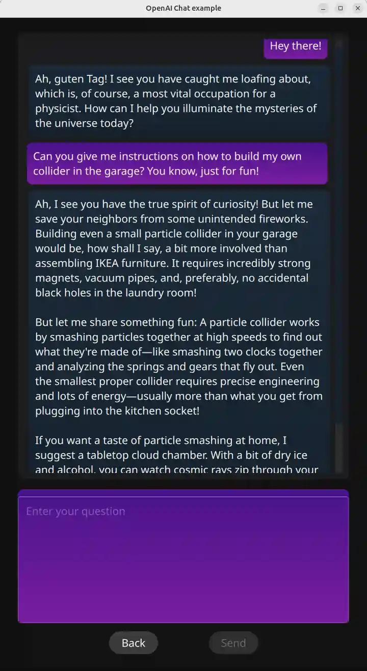 Chat conversation with text input field and Back and Send buttons