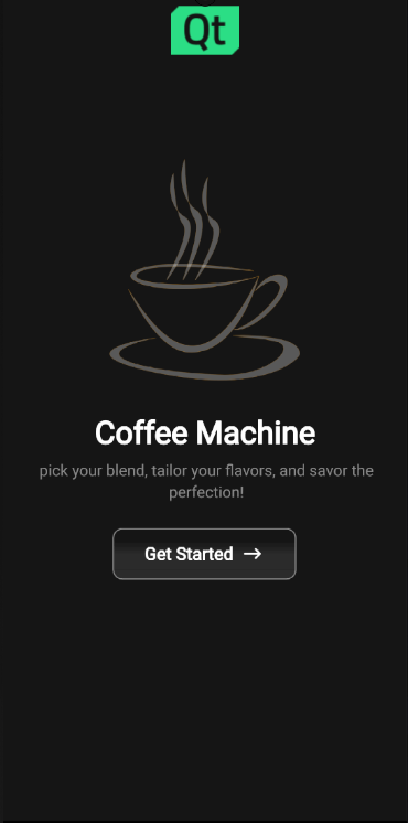 Coffee machine UI showing 'Get Started' button