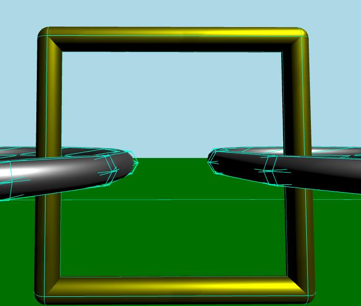 Screenshot of a 3D rendering showing two rings connected through a square frame and their rigid bodies