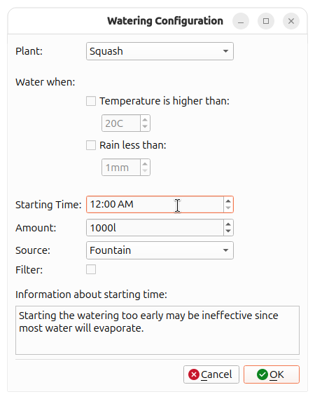 Screenshot of a Watering Configuration dialog window, showing options to configure automated plant watering