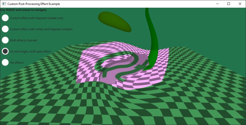 Warped scene with pink Qt logo and checkered floor showing custom post-processing effects