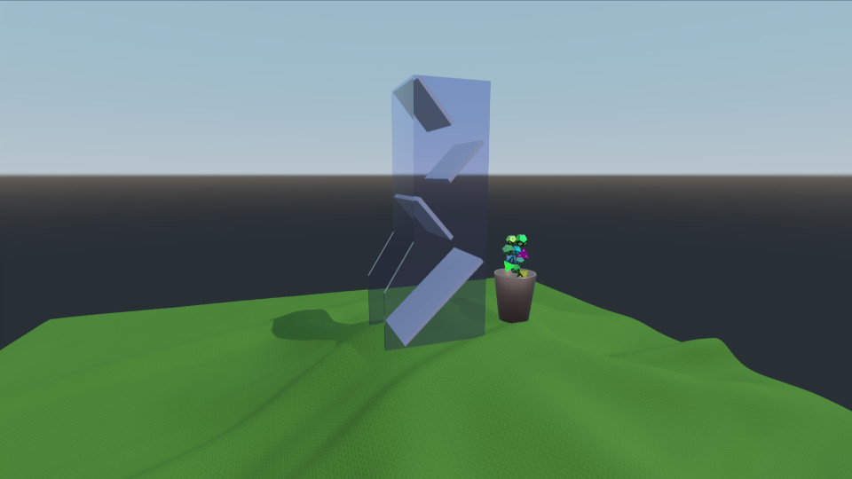 Screenshot of a 3D scene showing a transparent rectangular structure containing solid geometric shapes, placed on a green terrain with a small multicolored object in a pot next to it