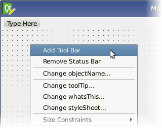Screenshot showing option to add a tool bar by right clicking on the ui editor