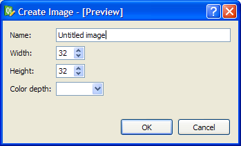 Screenshot showing a preview of a layout to create an image with options to change name, width, height, and color depth
